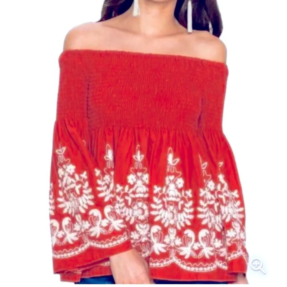Flying Tomato Women’s Top Embroidered Off The Shoulder Smocked Orange Medium